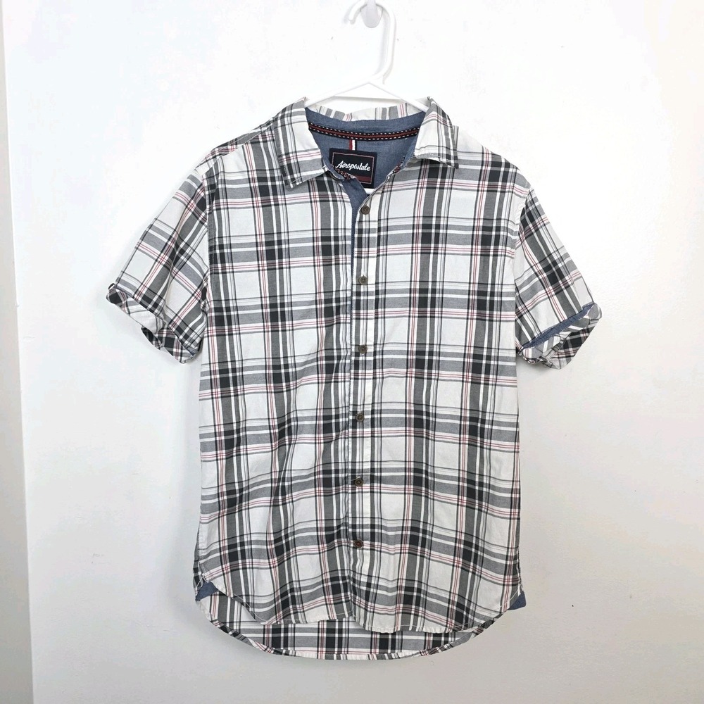 Aeropostale White Gray Plaid Button Up Classic Preppy Short Sleeve Size Small